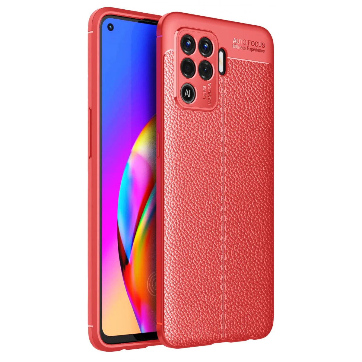 Reno 5 Lite Auto Focus Kılıf - Kırmızı Deri Dokulu Premium Korumalı Kılıf
