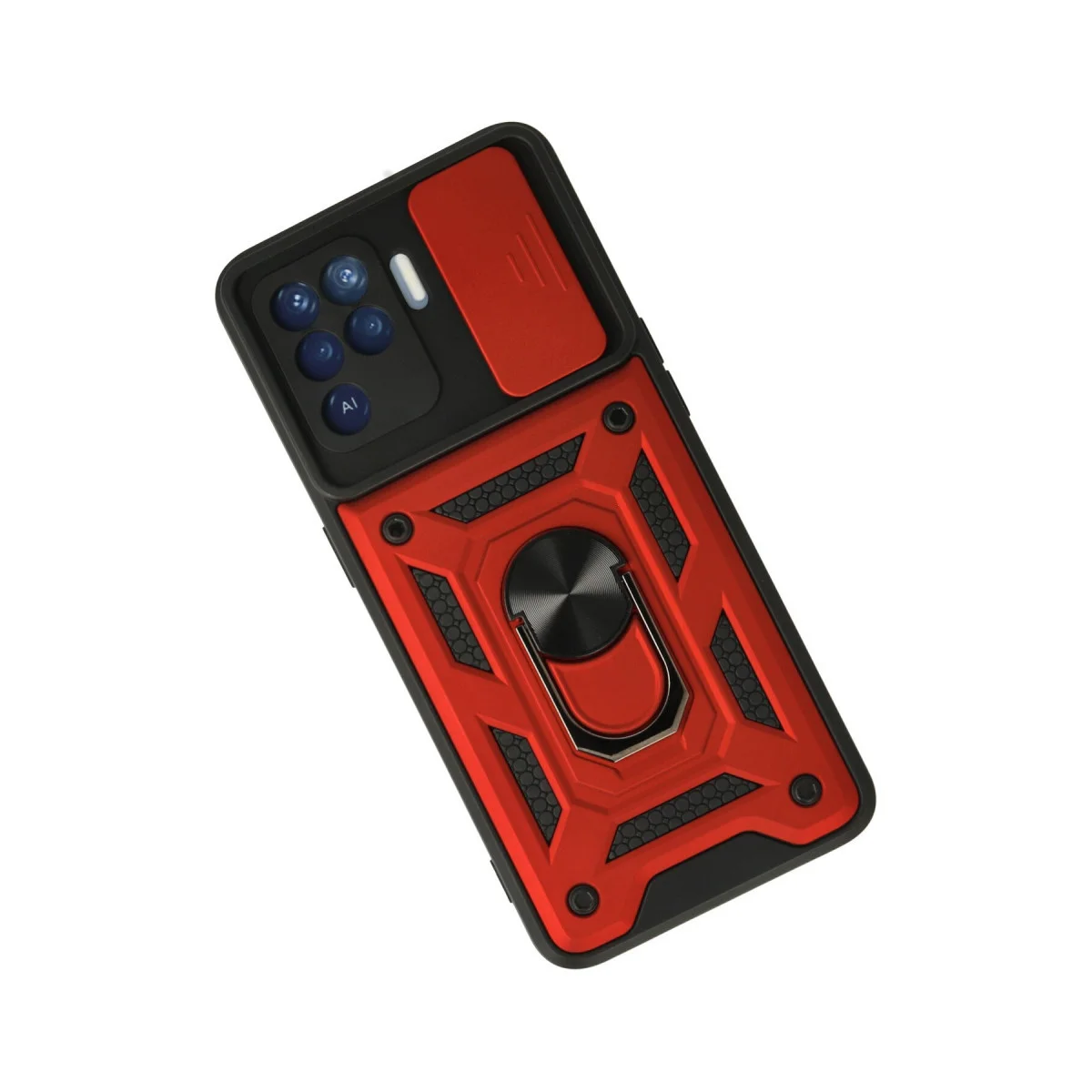 Reno 5 Lite Kılıf Silikon - Pars Lens Yüzüklü Kamera Kalkanı Kırmızı