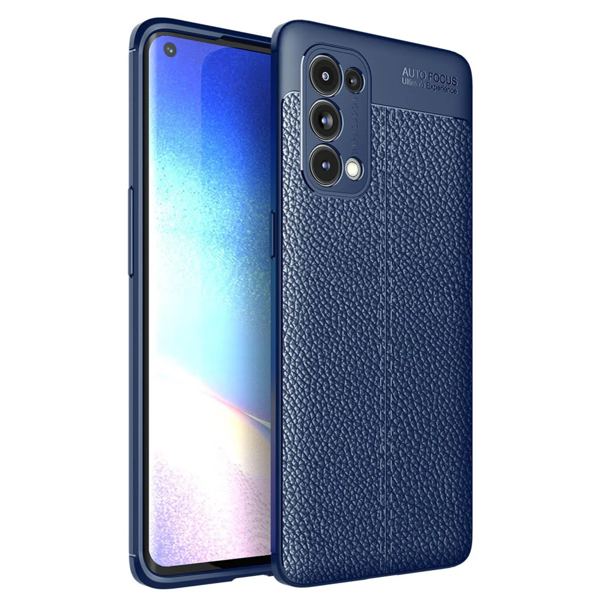 Reno 5 Pro Kılıf Auto Focus - Lacivert Deri Dokulu Korumalı