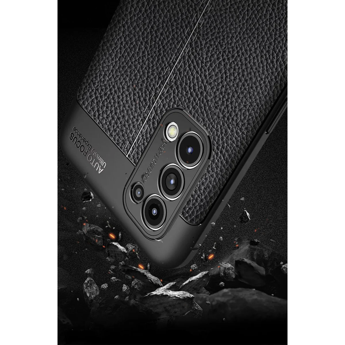 Reno 5 Pro Kılıf Auto Focus - Lacivert Deri Dokulu Korumalı