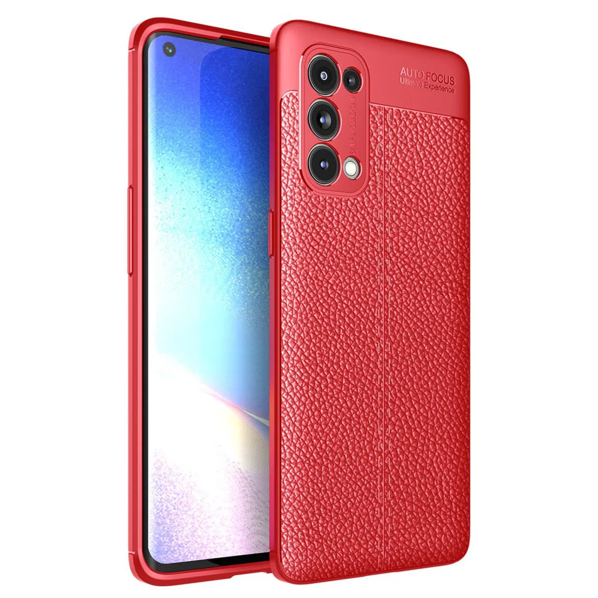 Reno 5 Pro Kılıf Auto Focus - TPU Kırmızı Deri Dokulu Darbe Korumalı Kapak