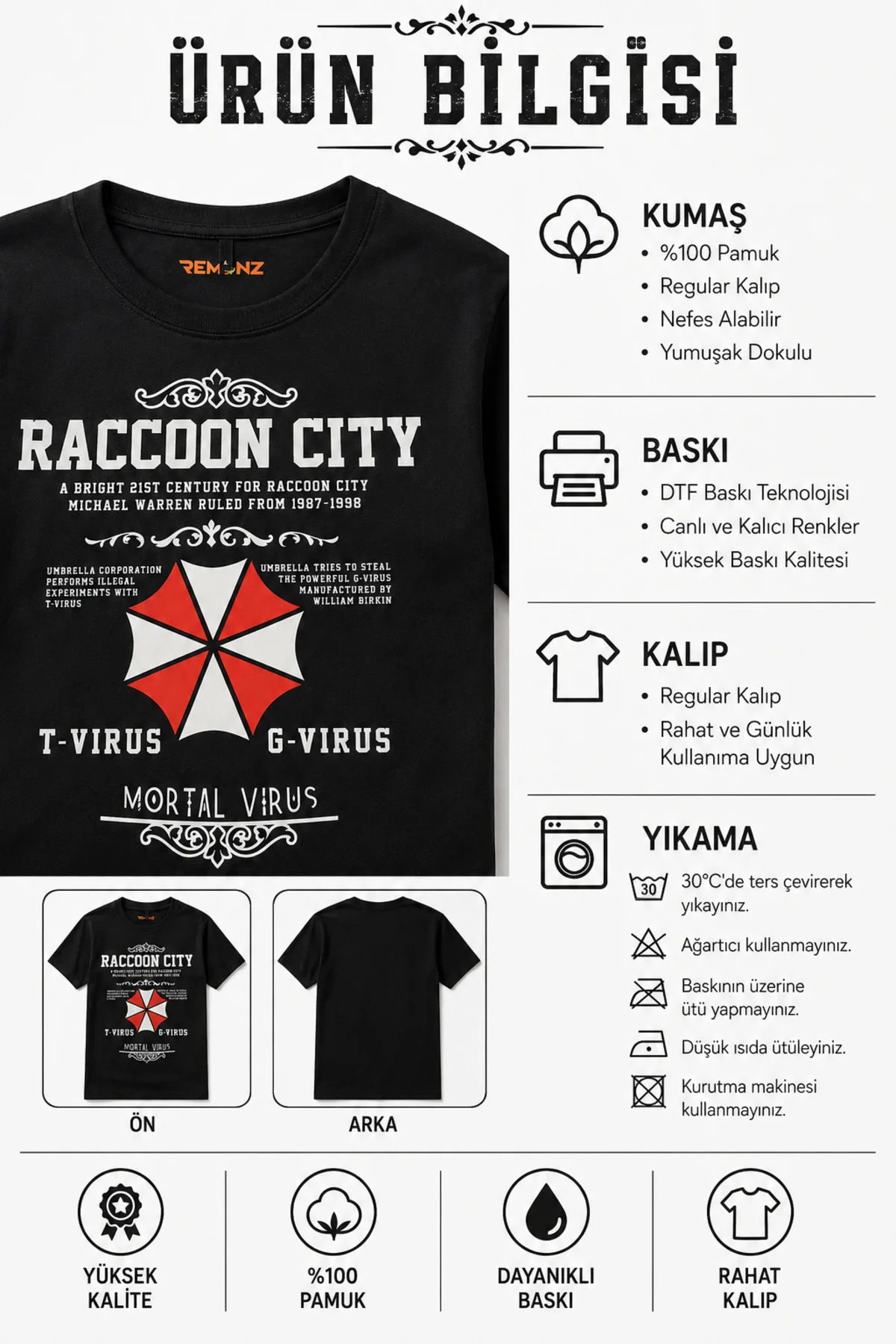 Resident Evil Raccoon City T-Virus Baskılı Unisex Regular Siyah Tişört – %100 Pamuk