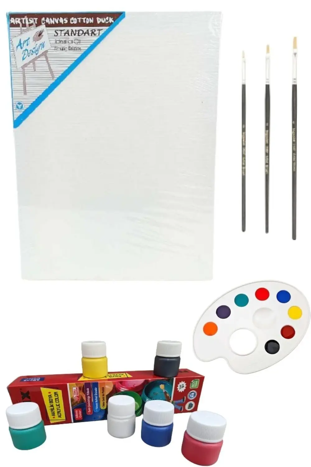 Resim Başlangıç Seti - Tuval, 3lü Fırça, Palet, 6'lı Akrilik Boya