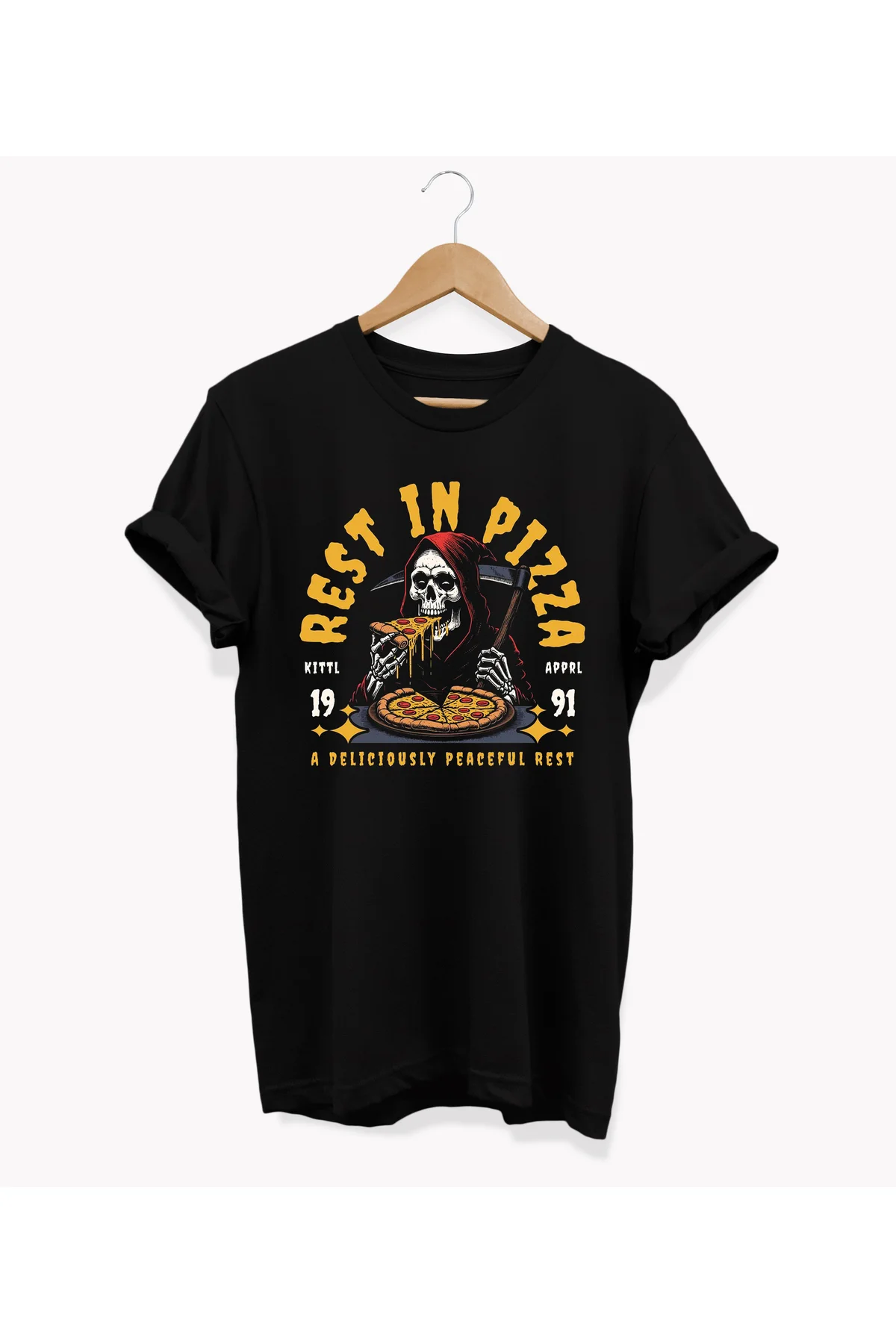 , Rest In Pizza Baskılı, %100 Pamuk, Bisiklet Yaka, Oversize T-shirt, Büyük Beden Tişört