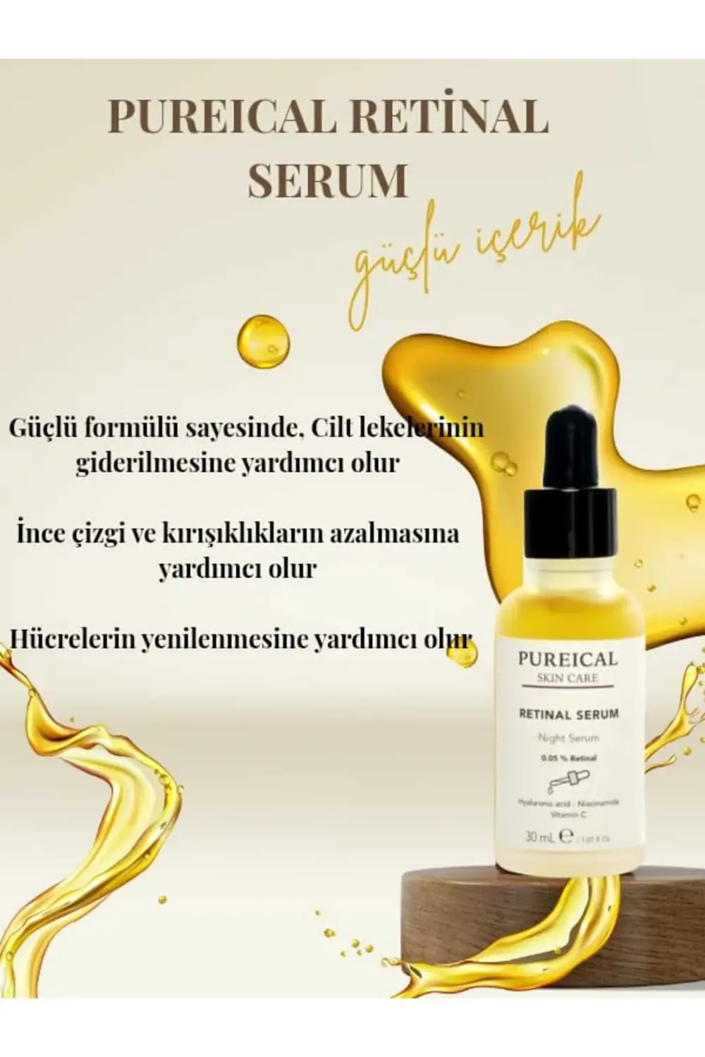 Retinal Serum, Leke Karşıtı, Hyaluronik Asit, Niacinamide, %0,05 Retinal Gece Serumu 30 mL