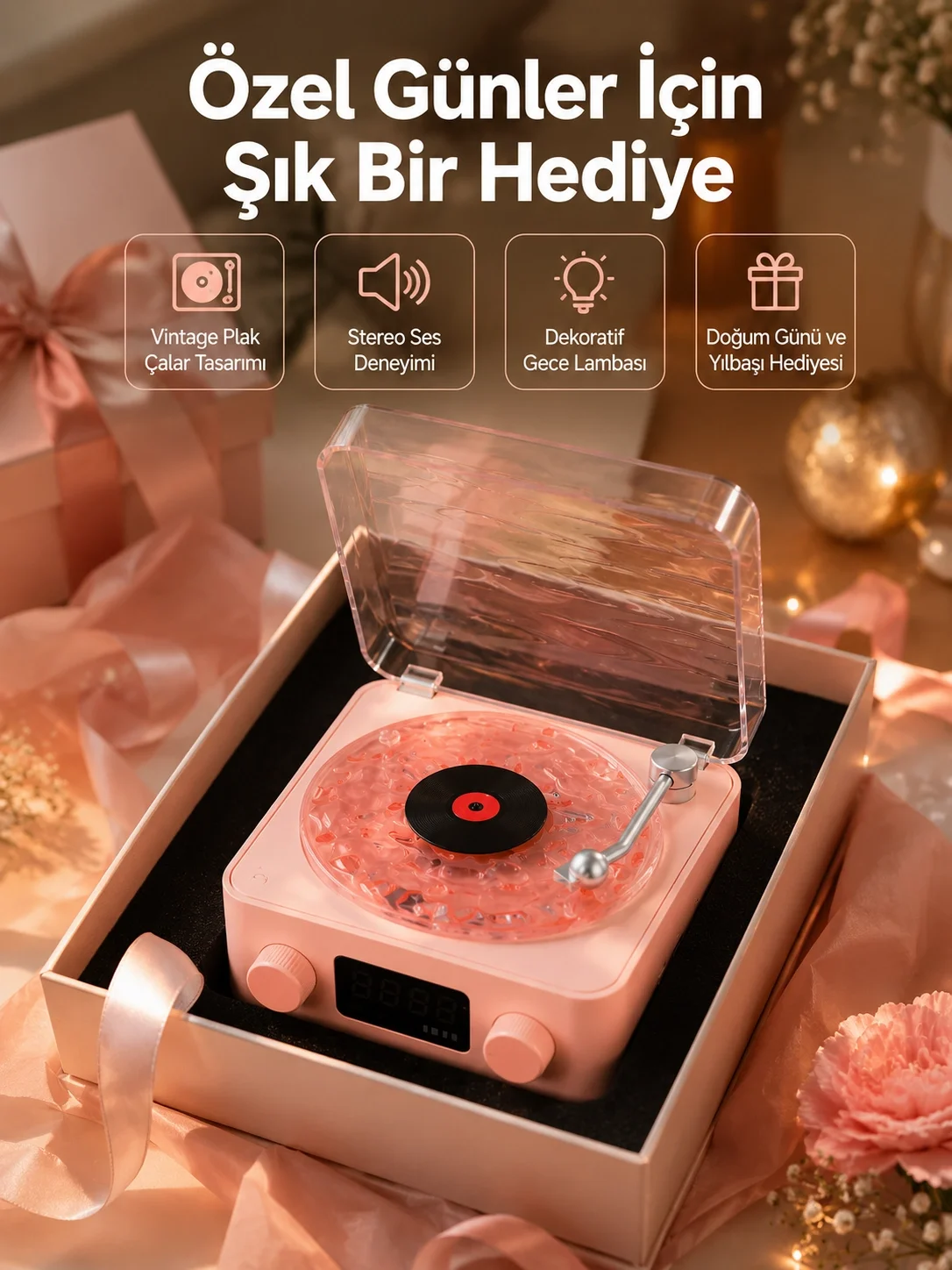 Retro Bluetooth Hoparlör – Yumuşak Gece Lambası ve Saat Göstergeli Yeni Nesil