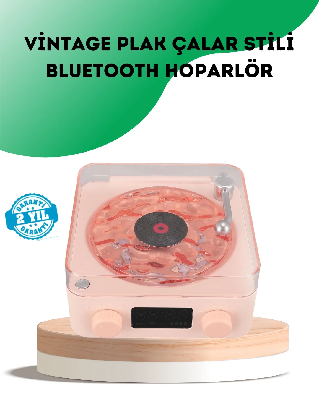 Retro Bluetooth Hoparlör – Kristal Ses, Gece Lambası, Saatli Tasa
