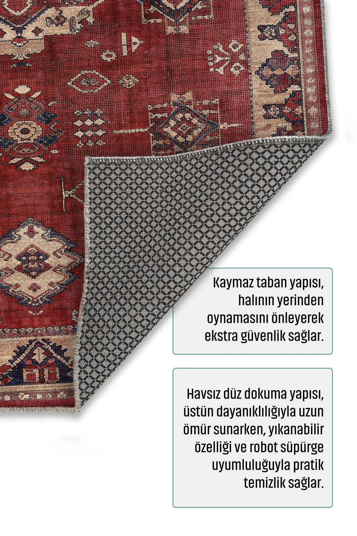Retro Bordo Bej Şönil Halı Kilim Yolluk Kaymaz Yıkanabilir Mutfak