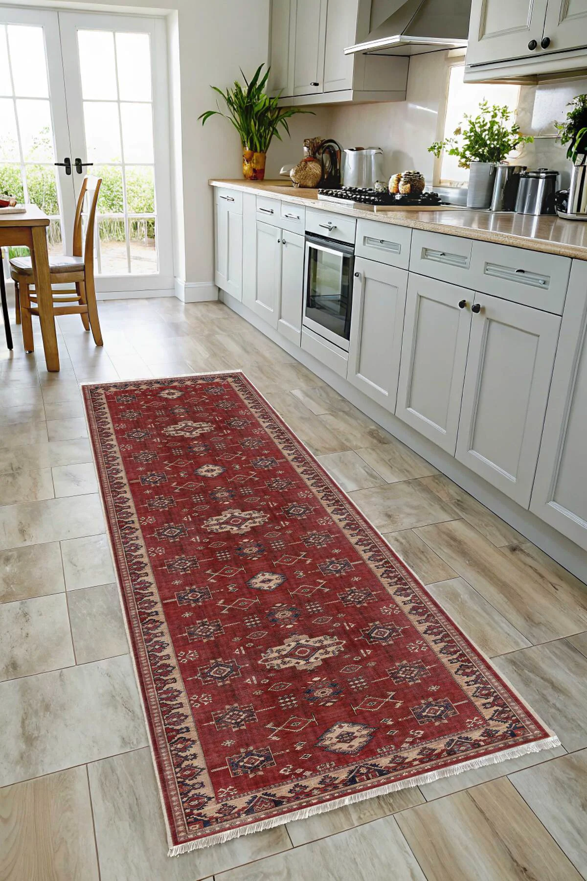 Retro Bordo Bej Şönil Halı Kilim Yolluk Kaymaz Yıkanabilir Mutfak