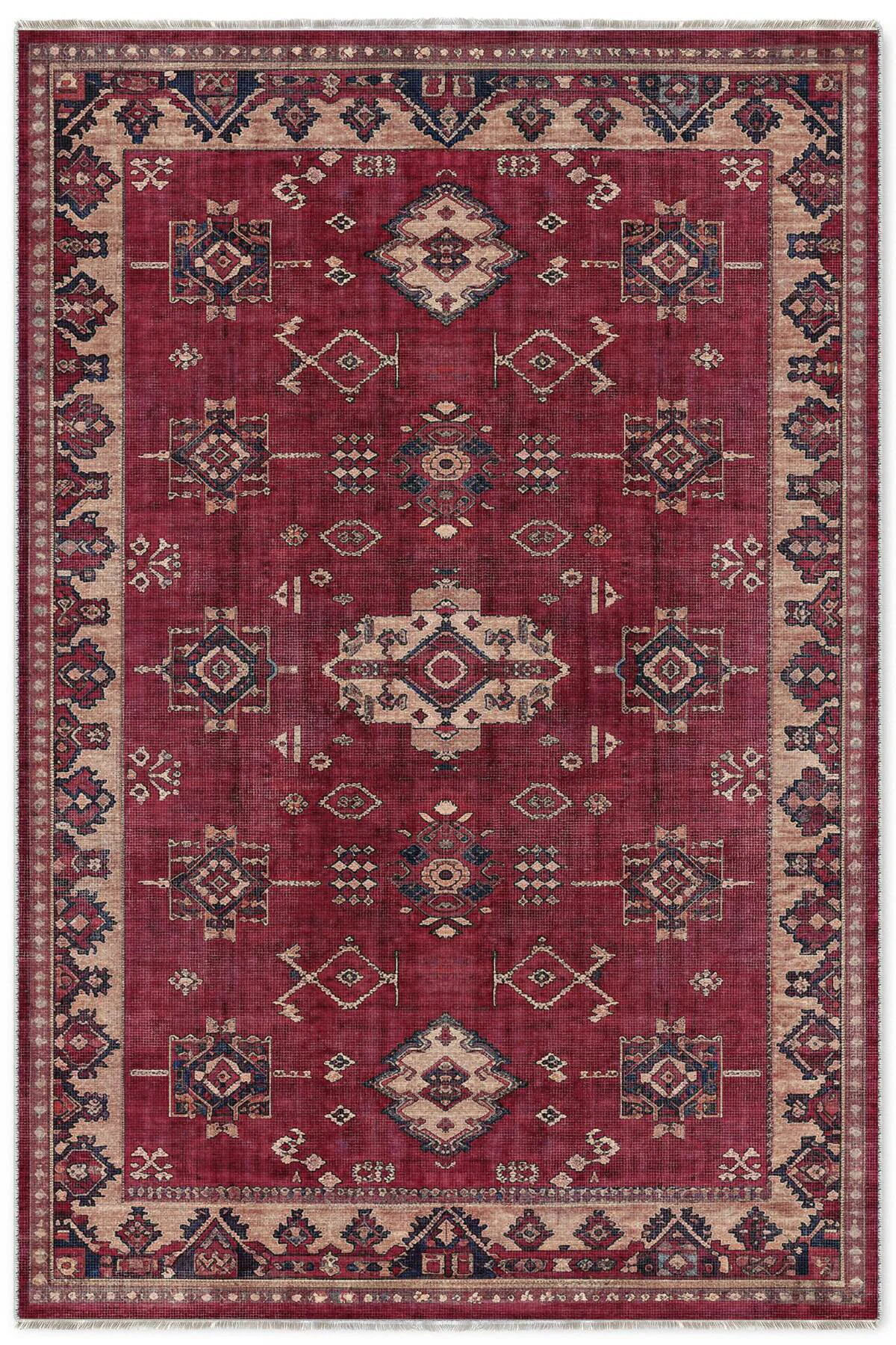 Retro Bordo Bej Şönil Halı Kilim Yolluk Kaymaz Yıkanabilir Mutfak
