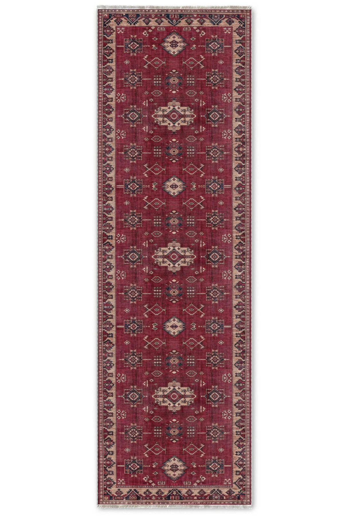 Retro Bordo Bej Şönil Halı Kilim Yolluk Kaymaz Yıkanabilir Mutfak Salon Koridor