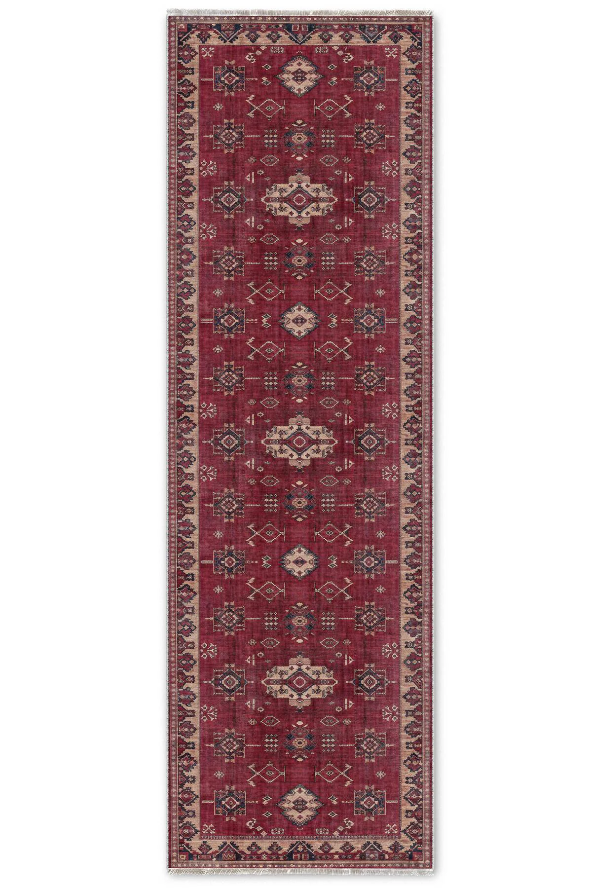 Retro Bordo Bej Şönil Halı Kilim Yolluk Kaymaz Yıkanabilir Mutfak