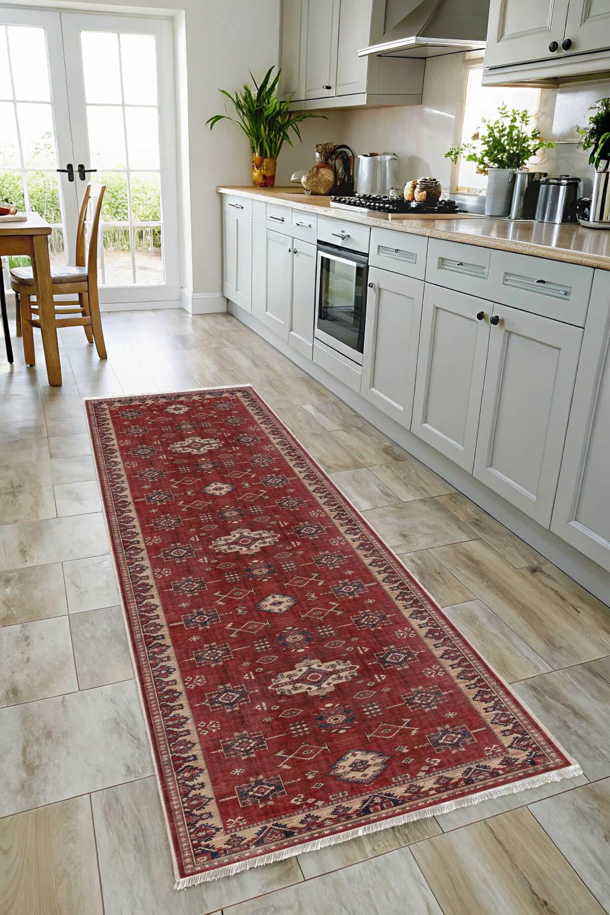 Retro Bordo Bej Şönil Halı Kilim Yolluk Kaymaz Yıkanabilir Mutfak Salon Koridor