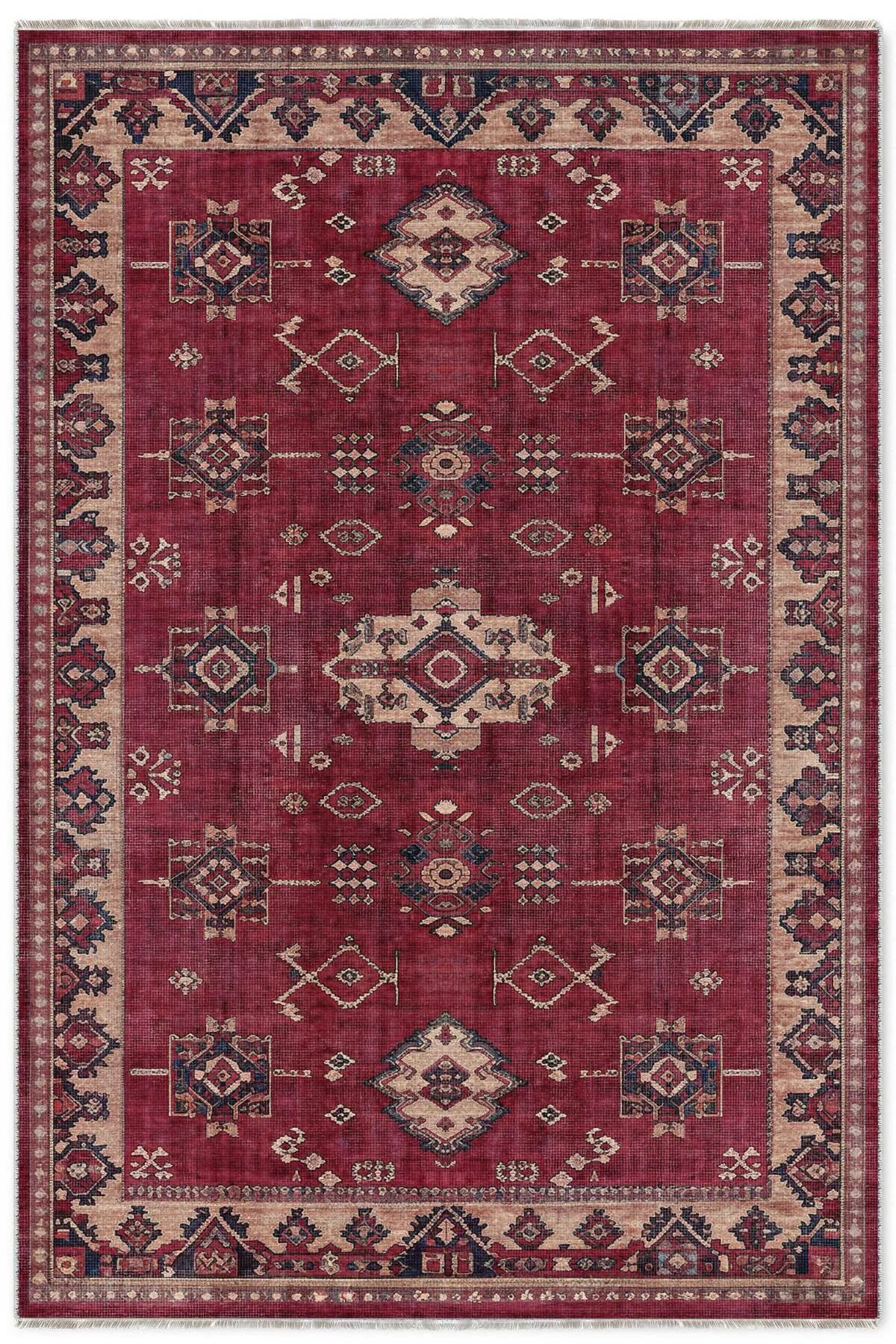 Retro Bordo Bej Şönil Halı Kilim Yolluk Kaymaz Yıkanabilir Mutfak Salon Koridor