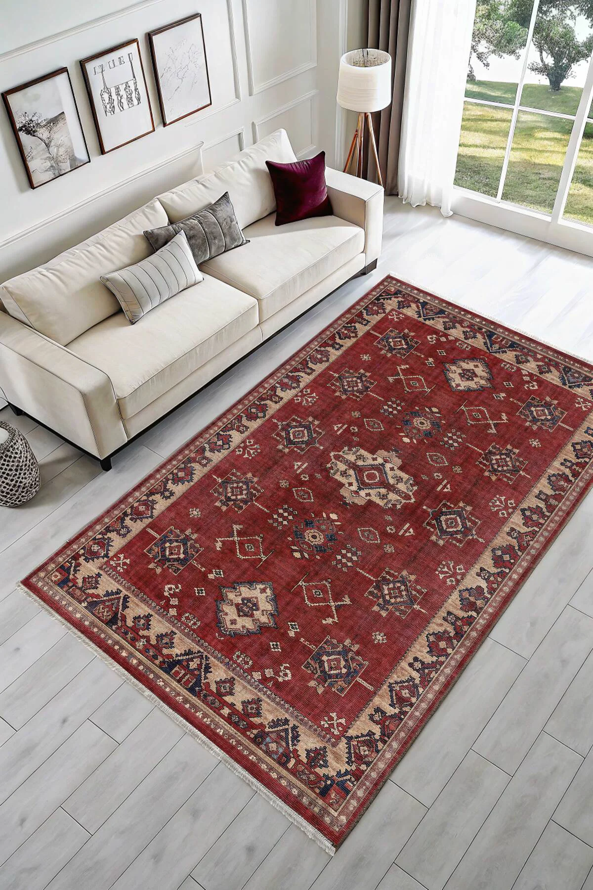 Retro Bordo Bej Şönil Halı Kilim Yolluk Kaymaz Yıkanabilir Mutfak