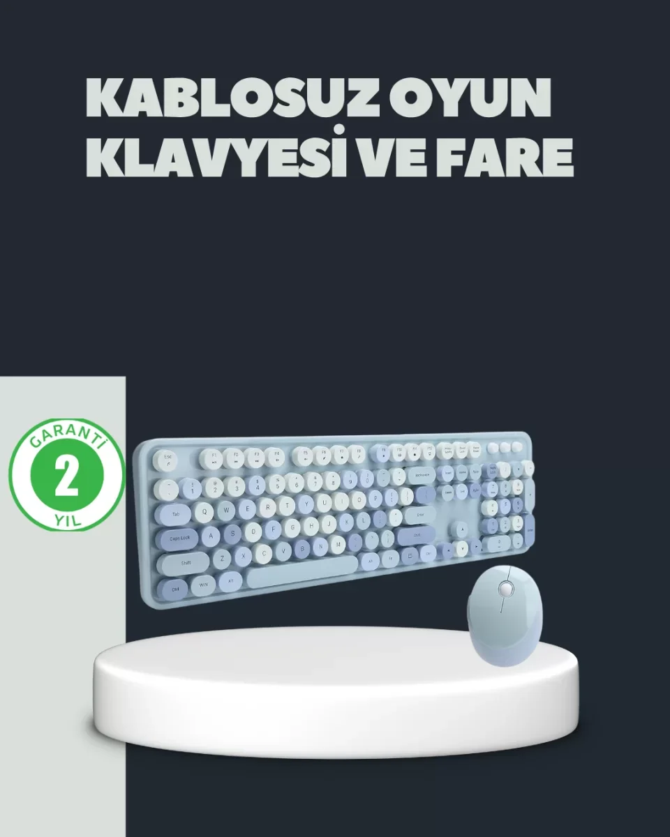 Retro Daktilo Stilli Kablosuz Klavye Mouse Seti – Sessiz ve Şık -
