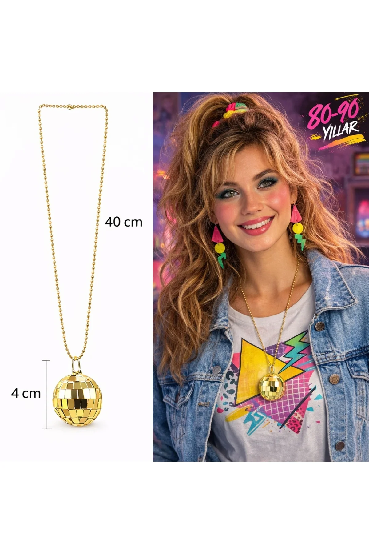 Retro Disko Topu Şekilli 80&amp;#39;ler 90&amp;#39;lar Altın Renk Plastik Kolye
