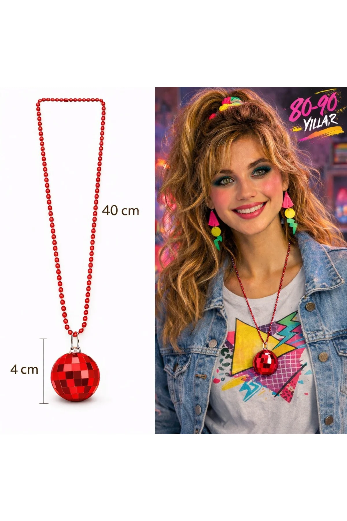 Retro Disko Topu Şekilli 80&amp;#39;ler 90&amp;#39;lar Kırmızı Renk Plastik Kolye