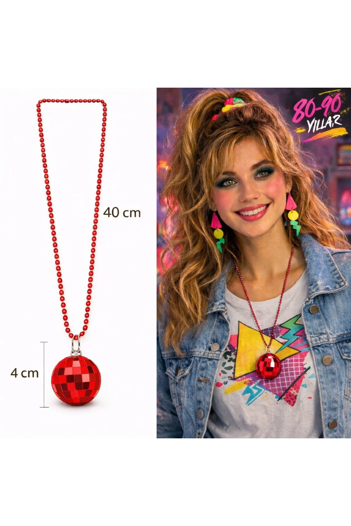 Retro Disko Topu Şekilli 80&amp;#39;ler 90&amp;#39;lar Kırmızı Renk Plastik Kolye