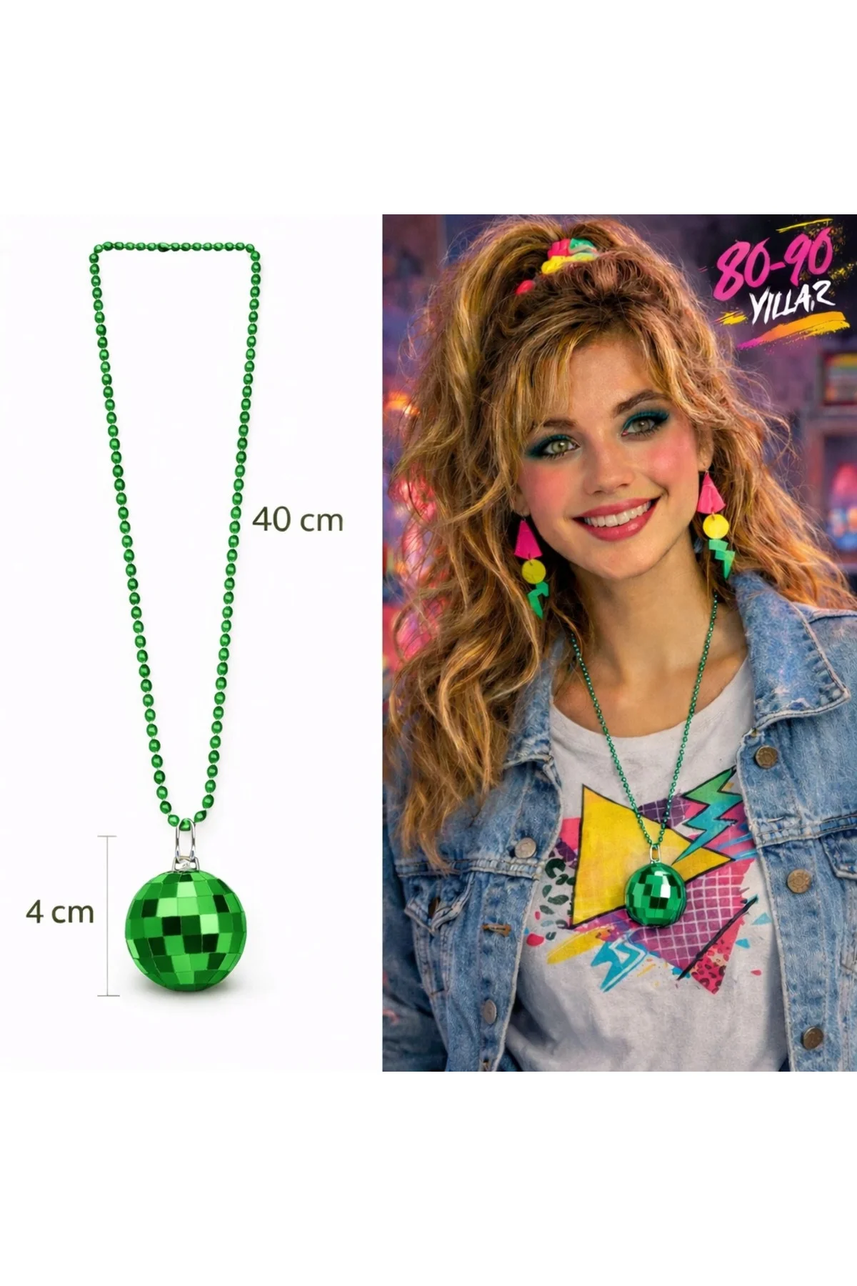 Retro Disko Topu Şekilli 80'Ler 90'Lar Yeşil Renk Plastik Kolye Retro Disko Topu Şekilli 80'Ler 90'Lar Yeşil Renk Plastik Kolye