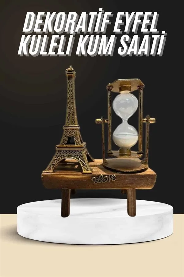 Retro Eyfel Kulesi Ve Kum Saati Dekoratif Ahşap Görünümlü Masa Bi