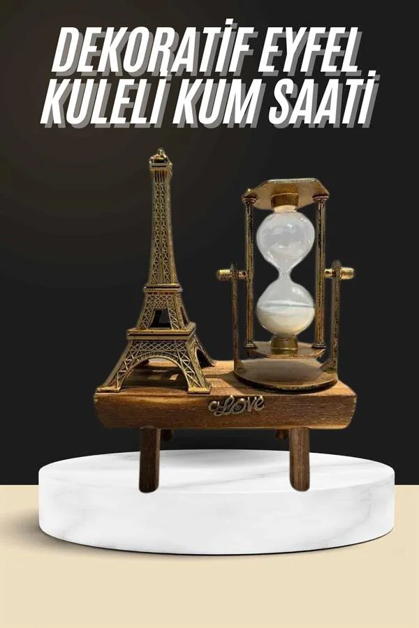 Retro Eyfel Kulesi ve Kum Saati - Ahşap Görünümlü Masa Biblosu
