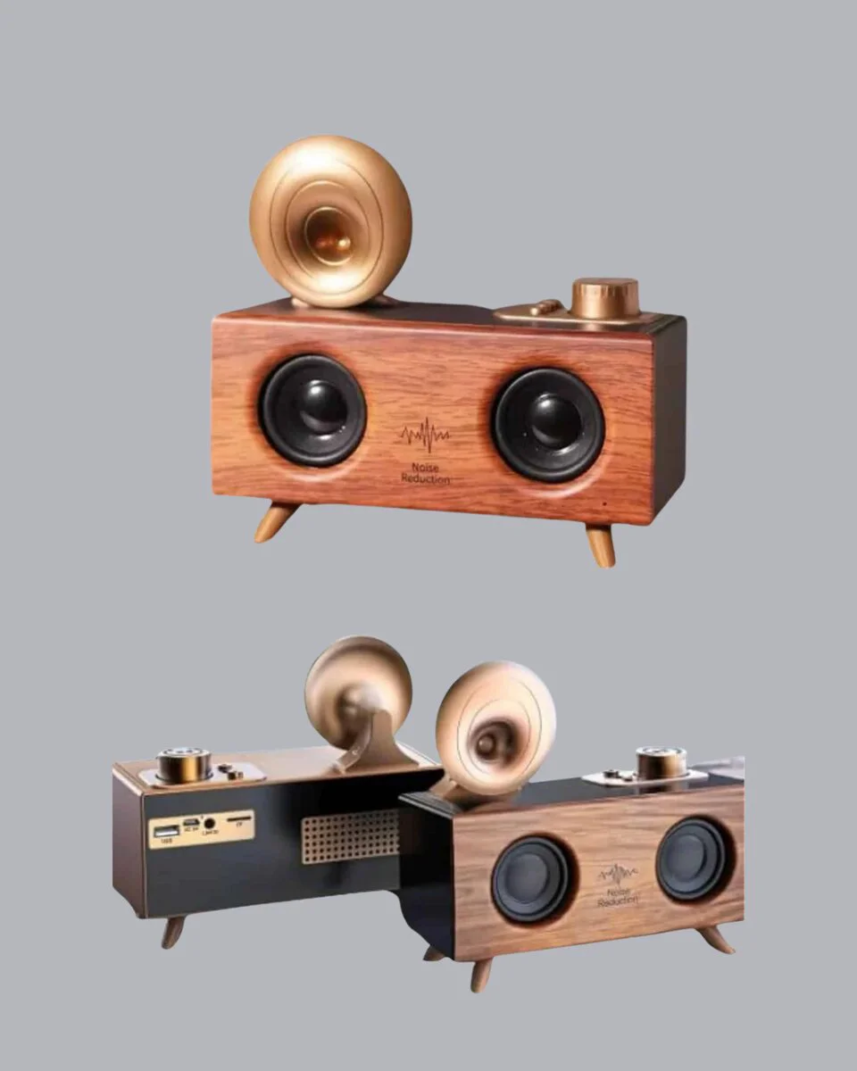 Retro Gramafon Bluetooth Hoparlör - Çift Stereo Ses FM Radyo Destekli 90dB