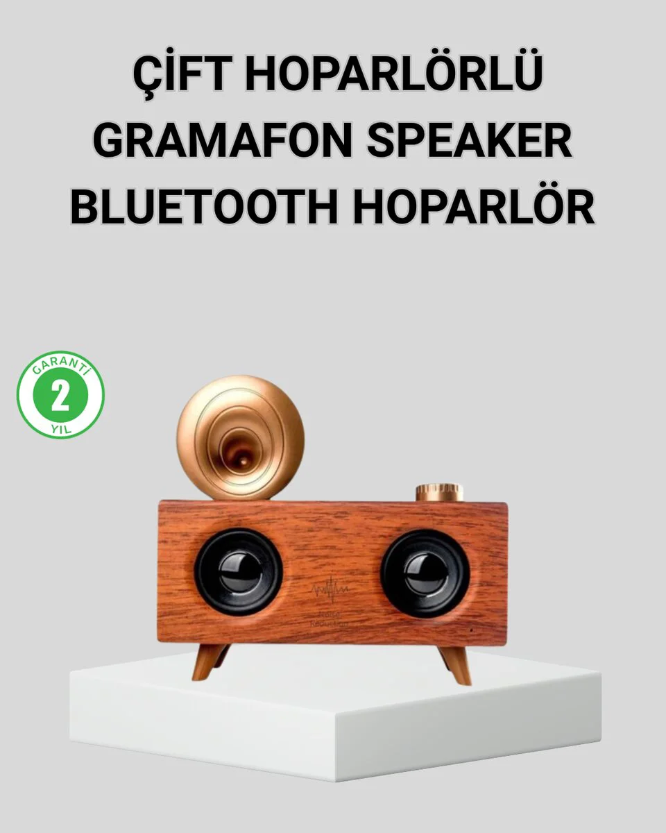 Retro Gramafon Bluetooth Hoparlör - Çift Stereo Ses FM Radyo Destekli 90dB