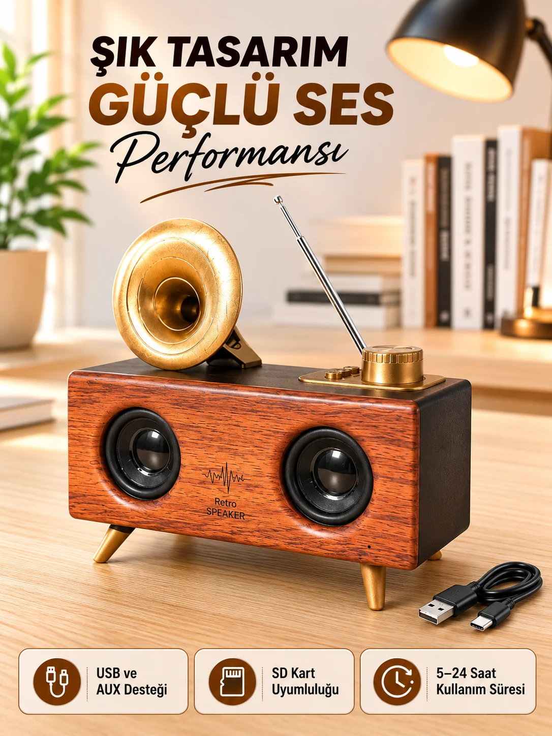 Retro Gramofon Tasarımlı Bluetooth Hoparlör – 3D Stereo Ses, 1800 mAh Batarya Retro Gramofon Tasarımlı Bluetooth Hoparlör – 3D Stereo Ses, 1800 mAh Batarya