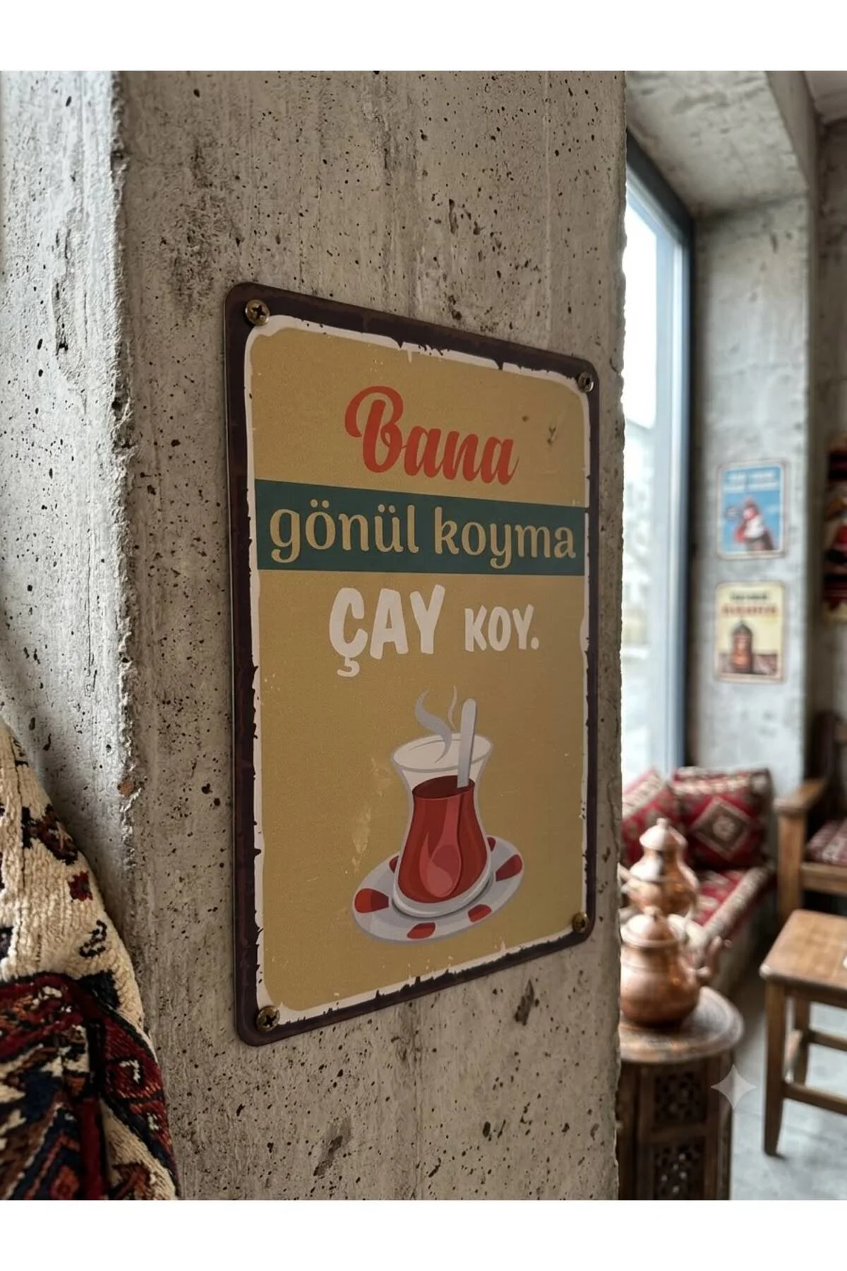Retro Mdf Yazılı Duvar Panosu 28*18cm (Bana Gönül Koyma Çay Koy)