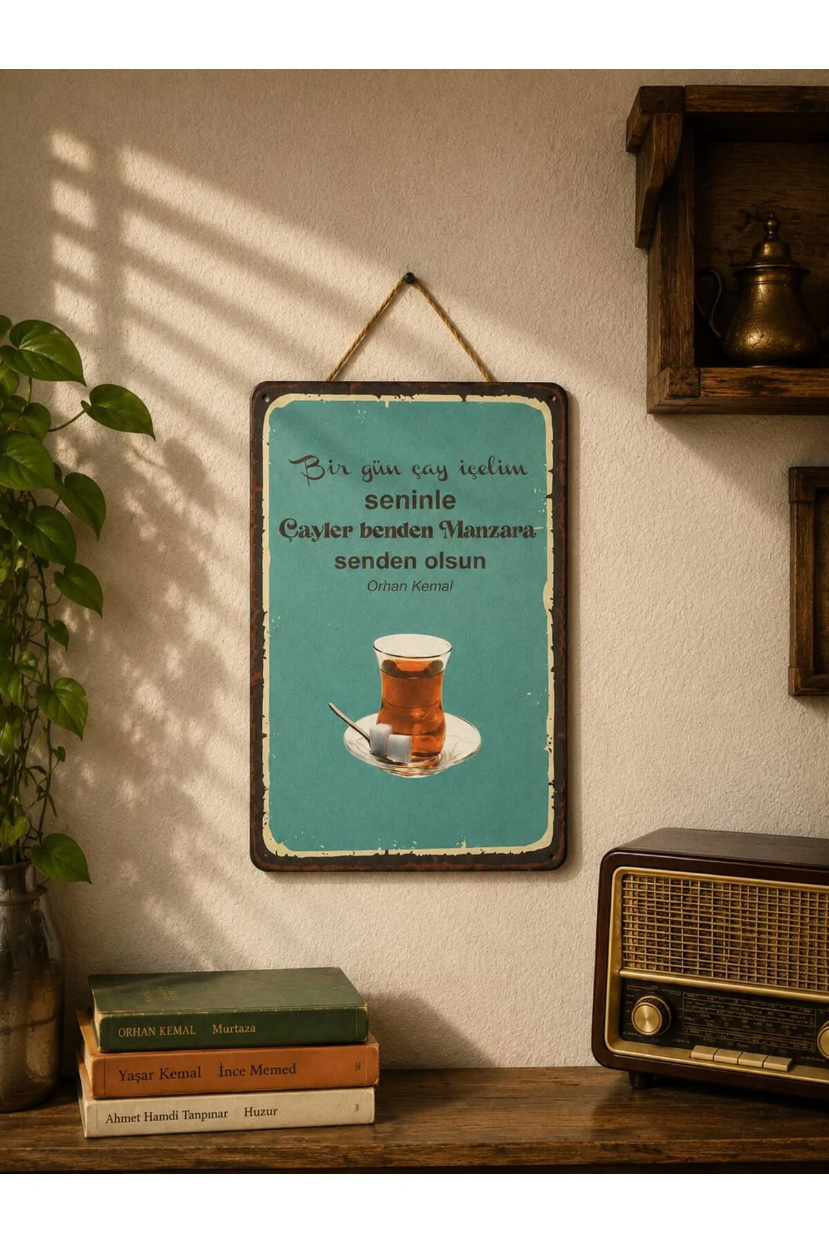 Retro Mdf Yazılı Duvar Panosu 28*18cm (Bir Gün Çay İçelim Seninle