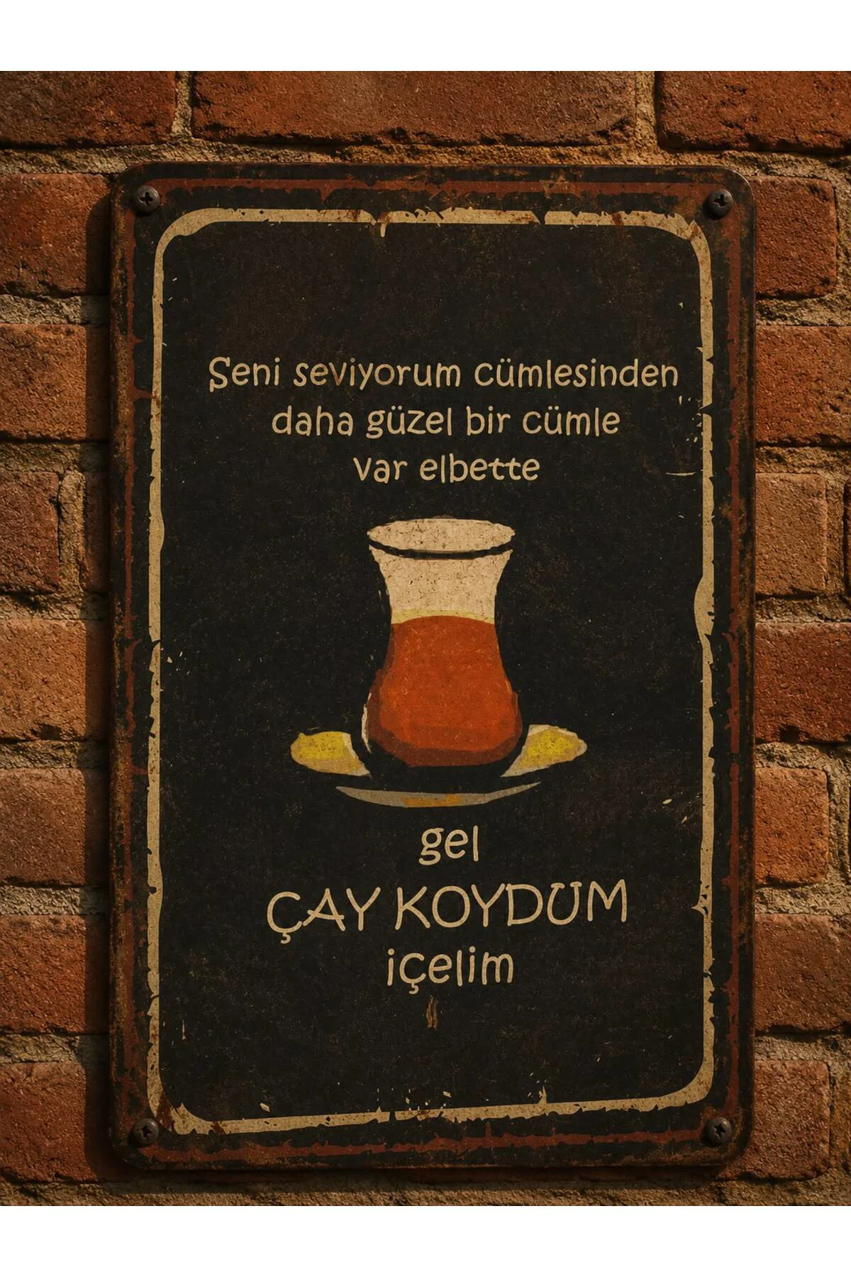 Retro Mdf Yazılı Duvar Panosu 28*18cm (Gel Çay Koydum İçelim)