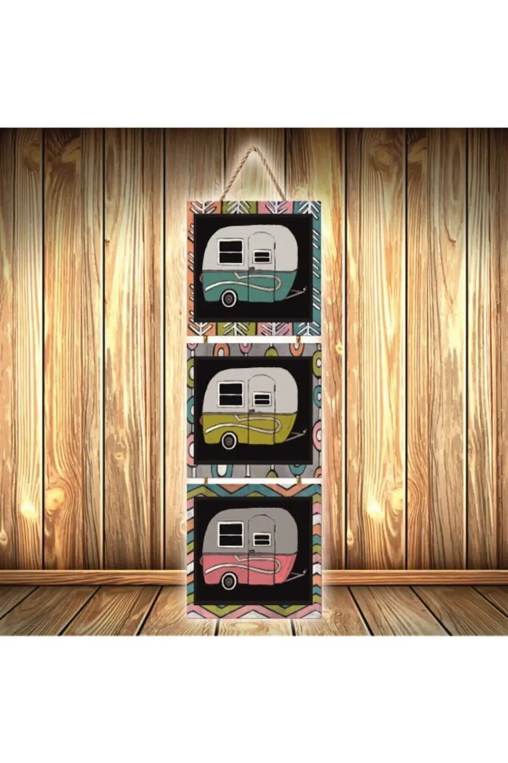 Retro Minibüs Tasarımlı Üçlü Retro Ahşap Poster Ü394