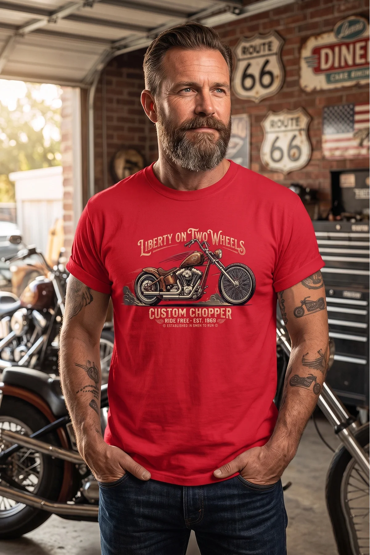 Retro Motosiklet İllüstrasyon Baskılı Pamuklu Unisex Tişört T-shi