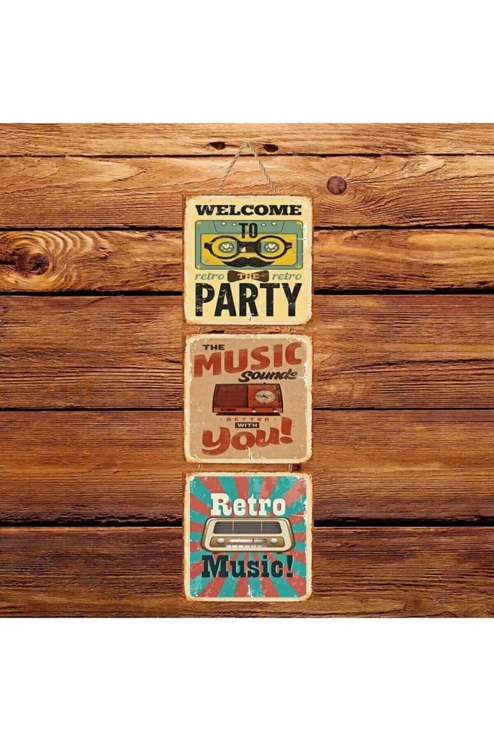 Retro Music Üçlü Retro Ahşap Poster