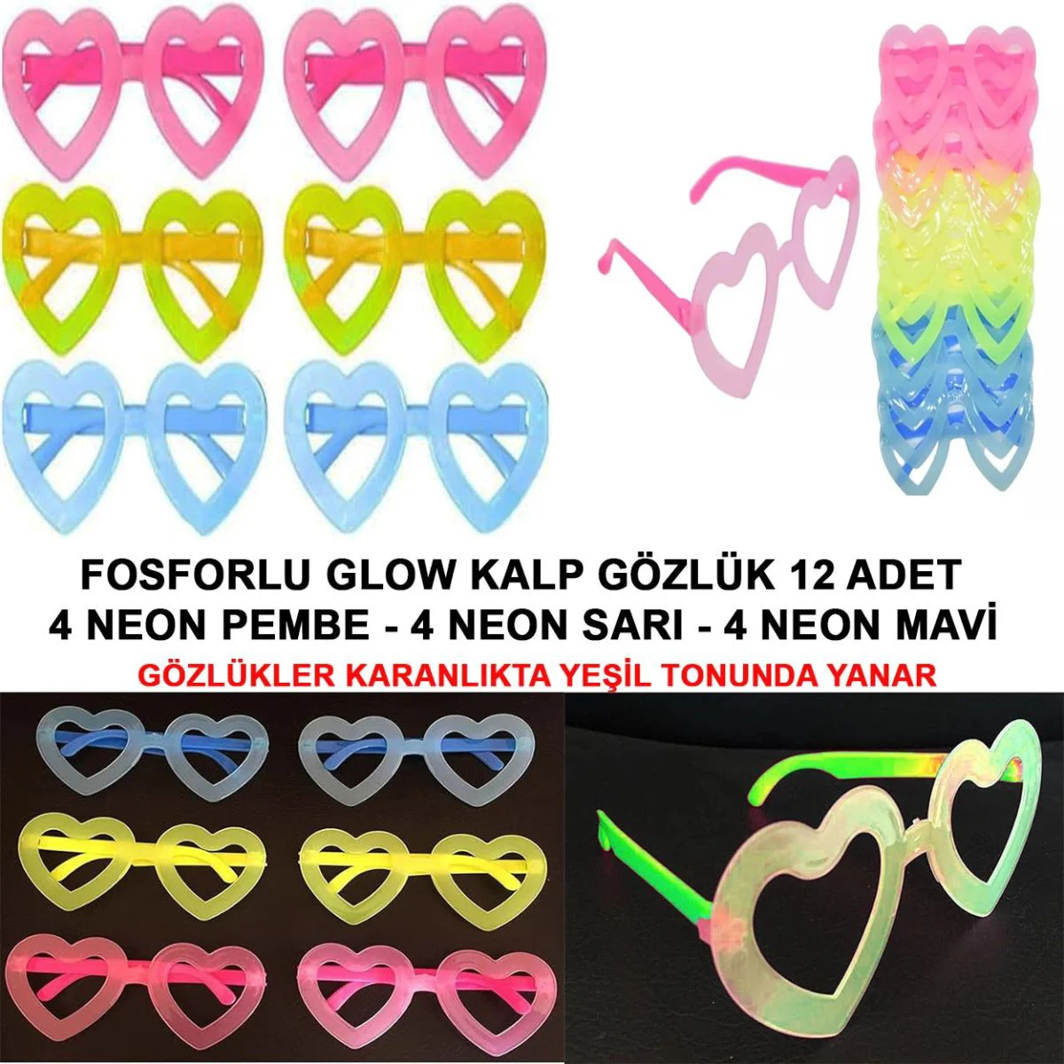 Retro Neon Fosforlu Kalp Gözlük 12 Adet – 80'ler 90'lar Parti Gözlüğü Karanlıkta Parlayan Fiyatı, Yorumları ve Özellikleri