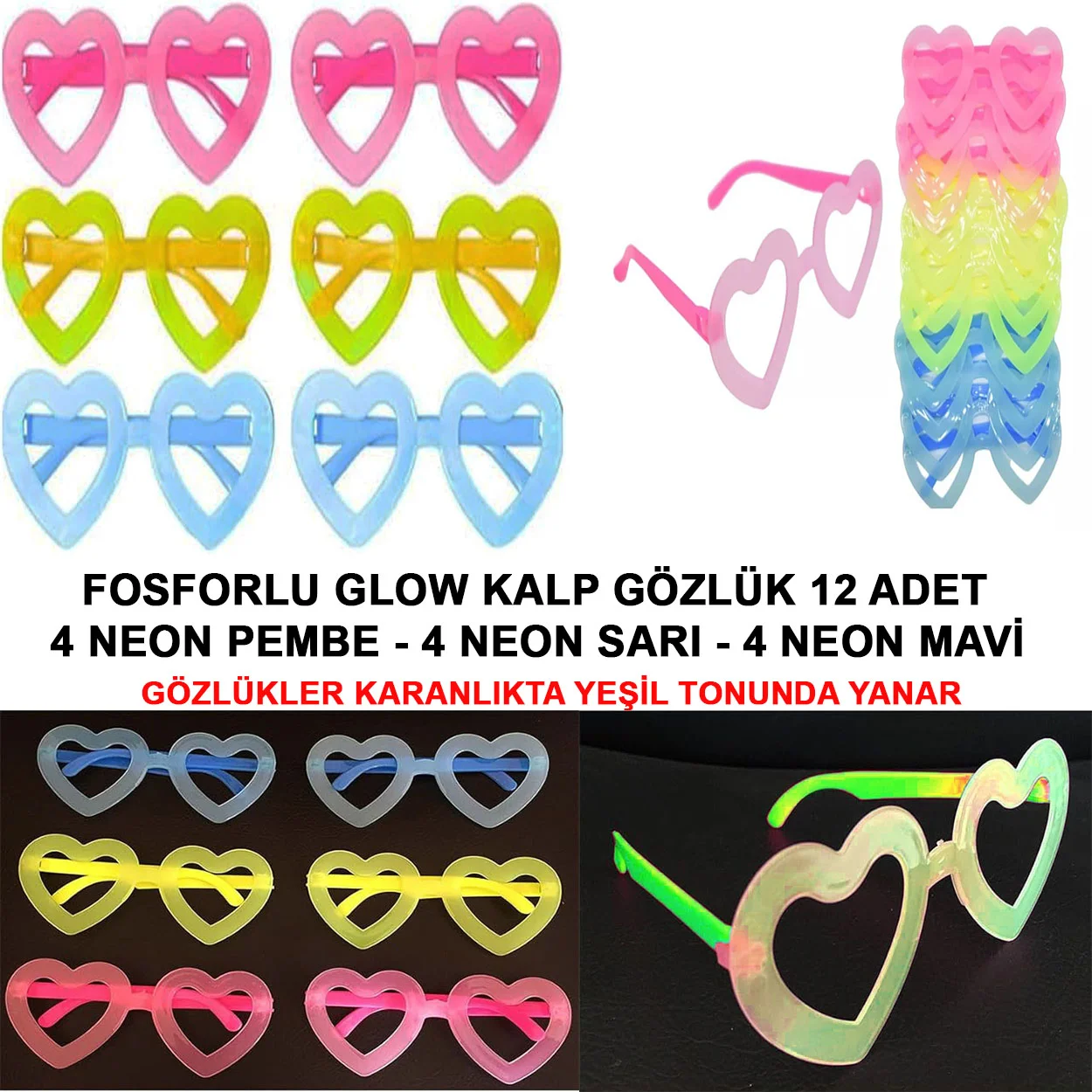 Retro Neon Fosforlu Kalp Gözlük 12 Adet – 80’ler 90’lar Parti Stili