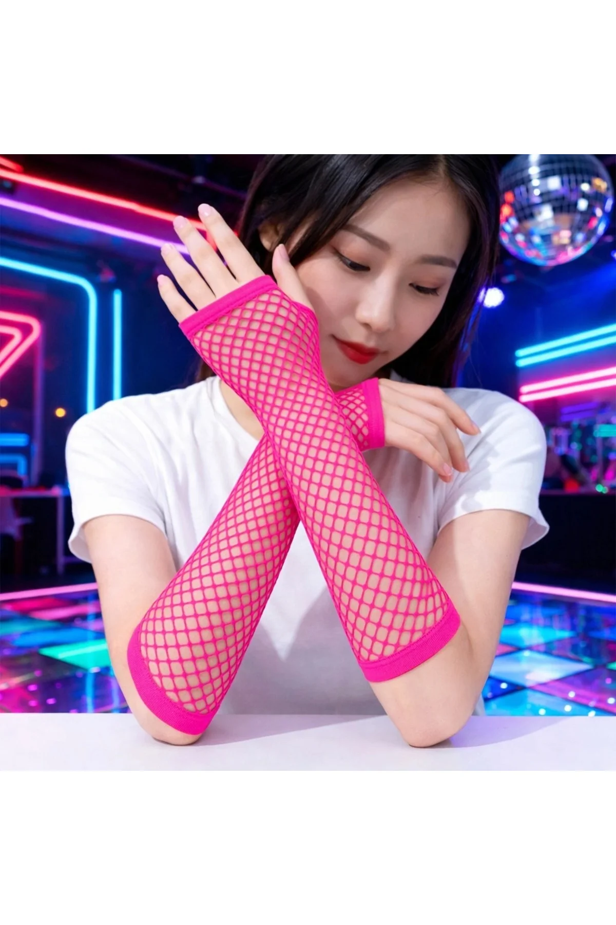 Retro Neon Fuşya File Parmaksız Eldiven 26 Cm