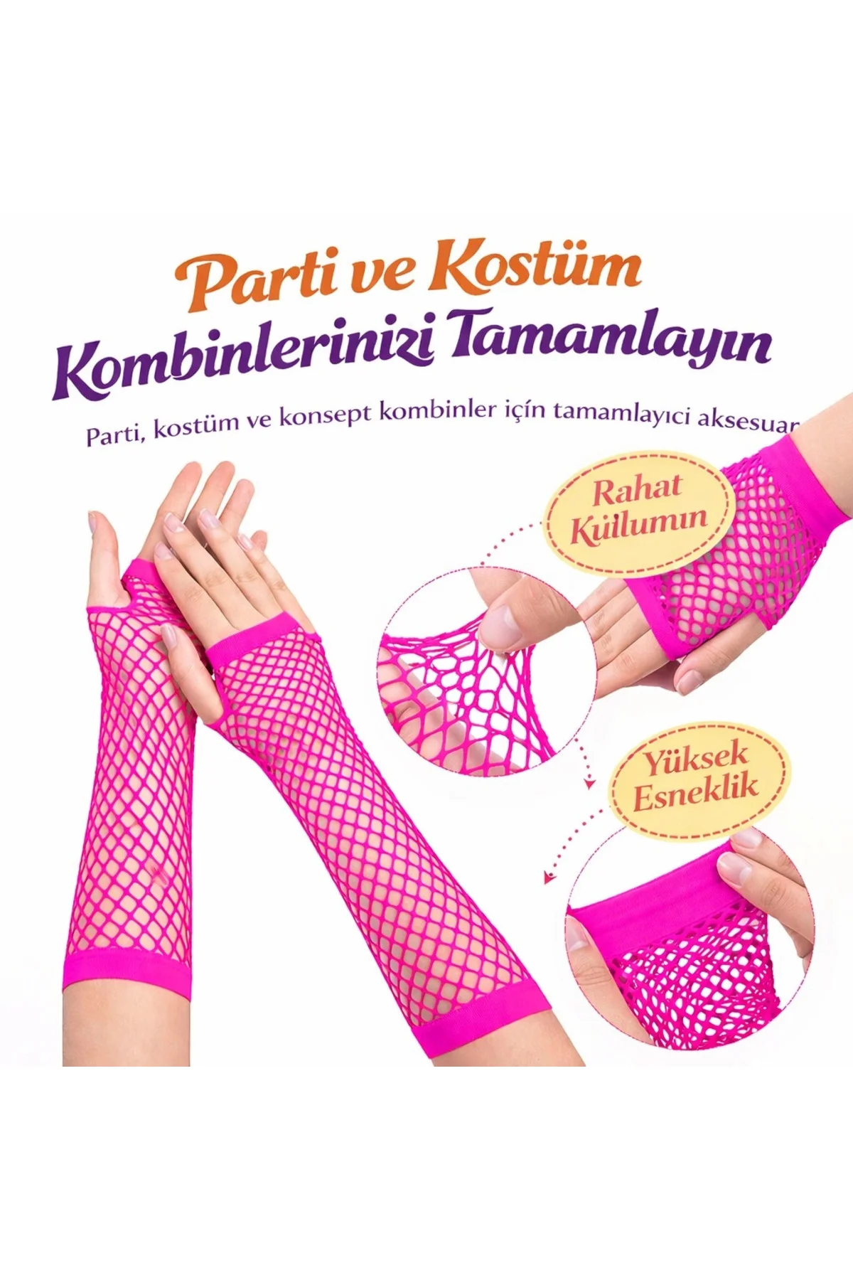 Retro Neon Fuşya File Parmaksız Eldiven 26 Cm
