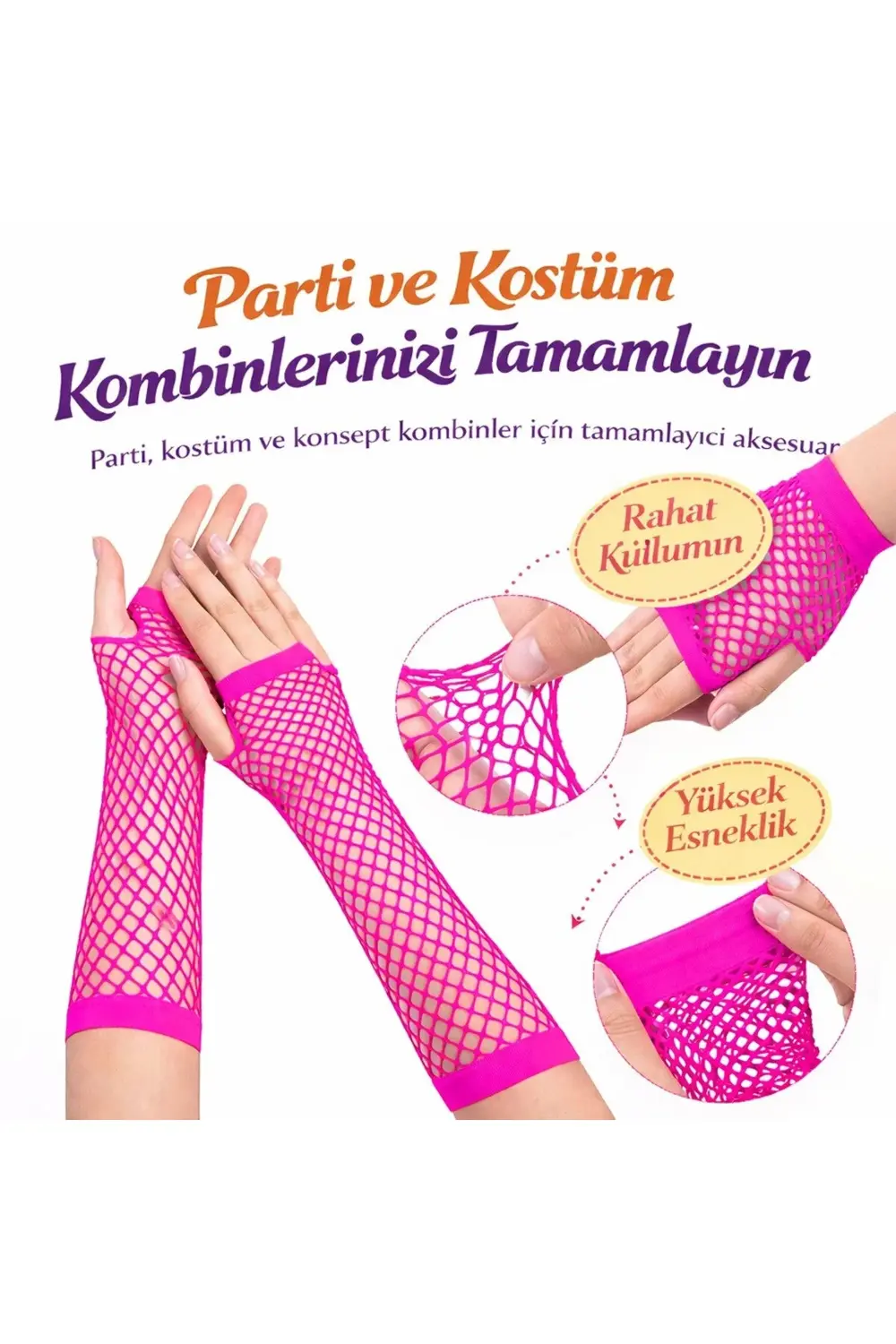 Retro Neon Fuşya File Parmaksız Eldiven 26 Cm