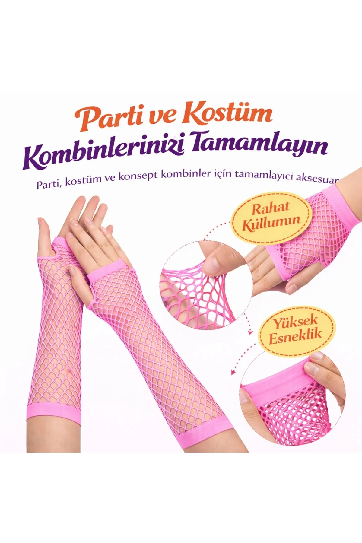 Retro Neon Pembe File Parmaksız Eldiven 26 Cm