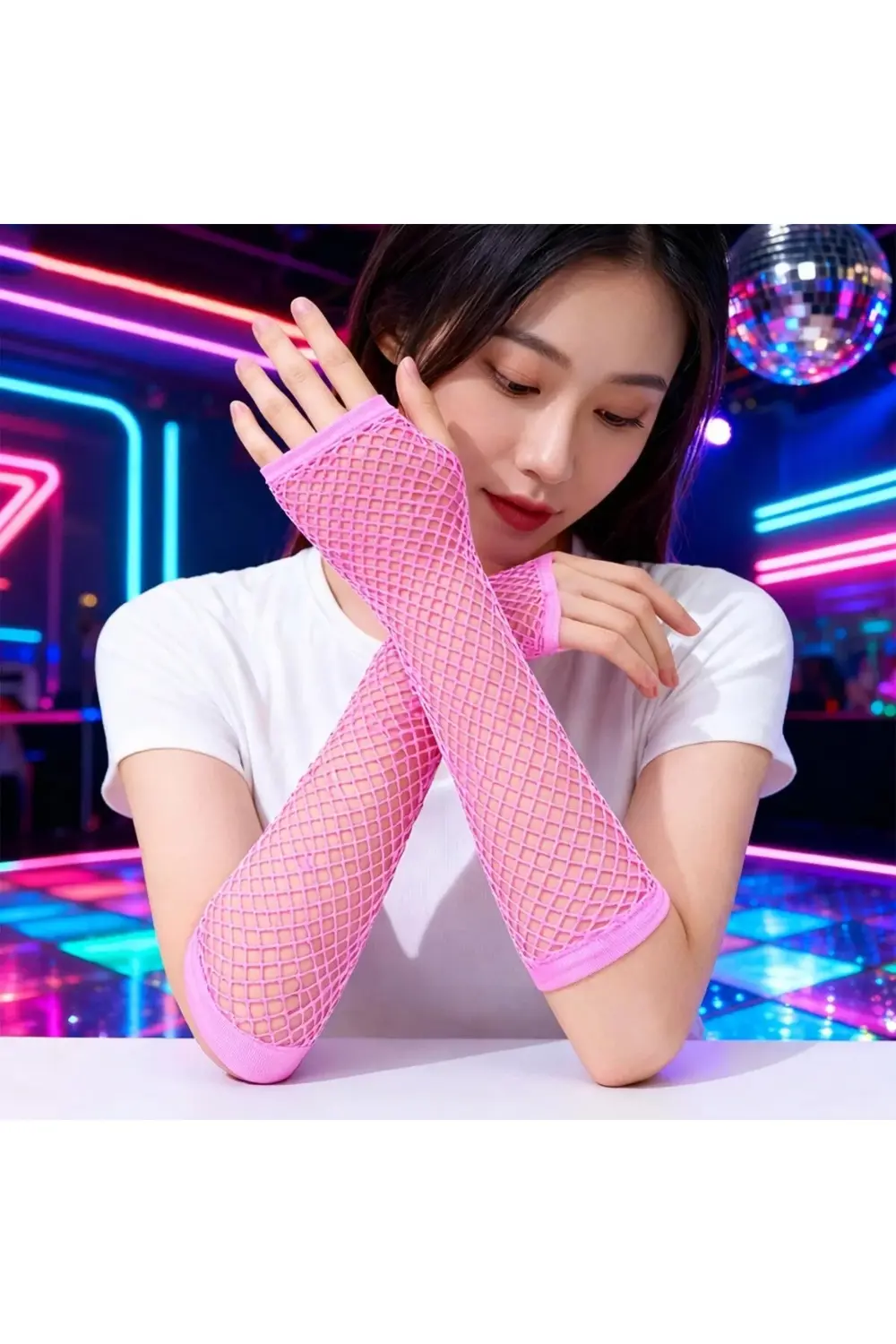 Retro Neon Pembe File Parmaksız Eldiven 26 Cm