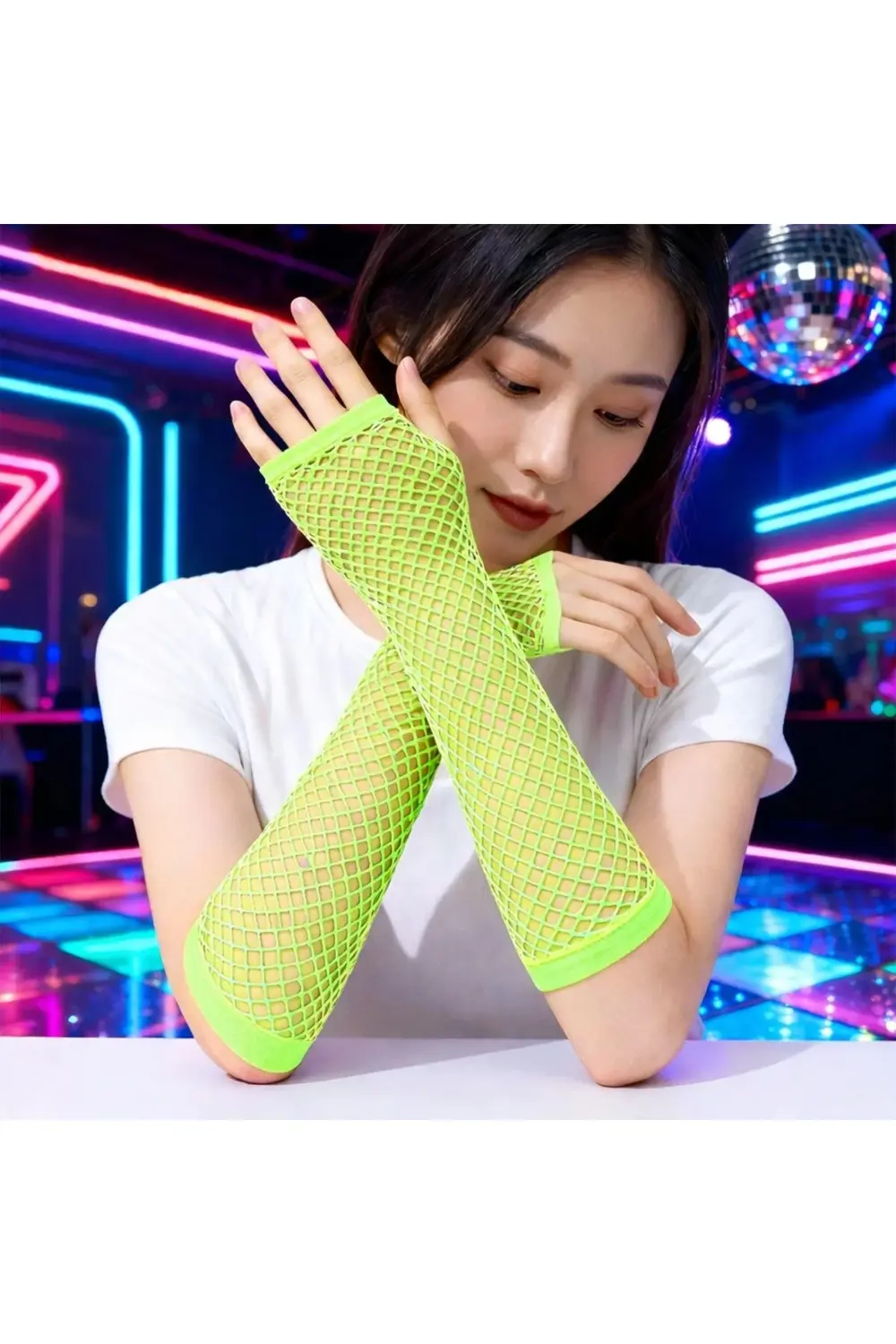 Retro Neon Yeşil File Parmaksız Eldiven 26 Cm