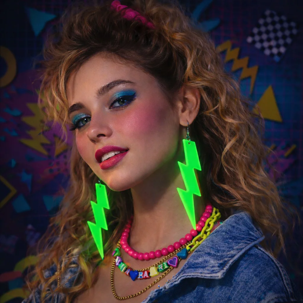 Retro Neon Yeşil Şimşek Küpe | 80'ler 90'lar Zigzag Küpe - 10 cm