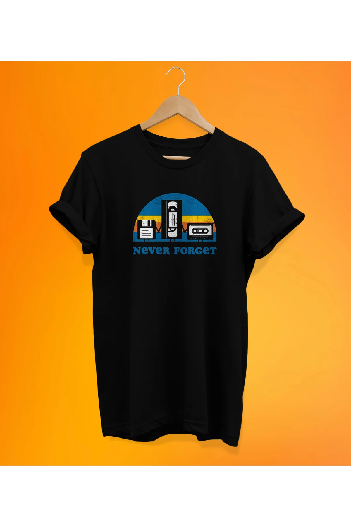 Retro Never Forget Baskılı Siyah, %100 Pamuk, Oversize, Büyük Bed