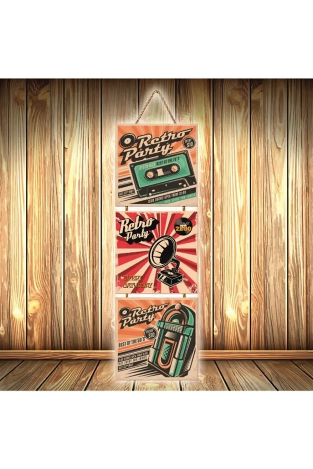 Retro Party Tasarımlı Üçlü Retro Ahşap Poster Ü336