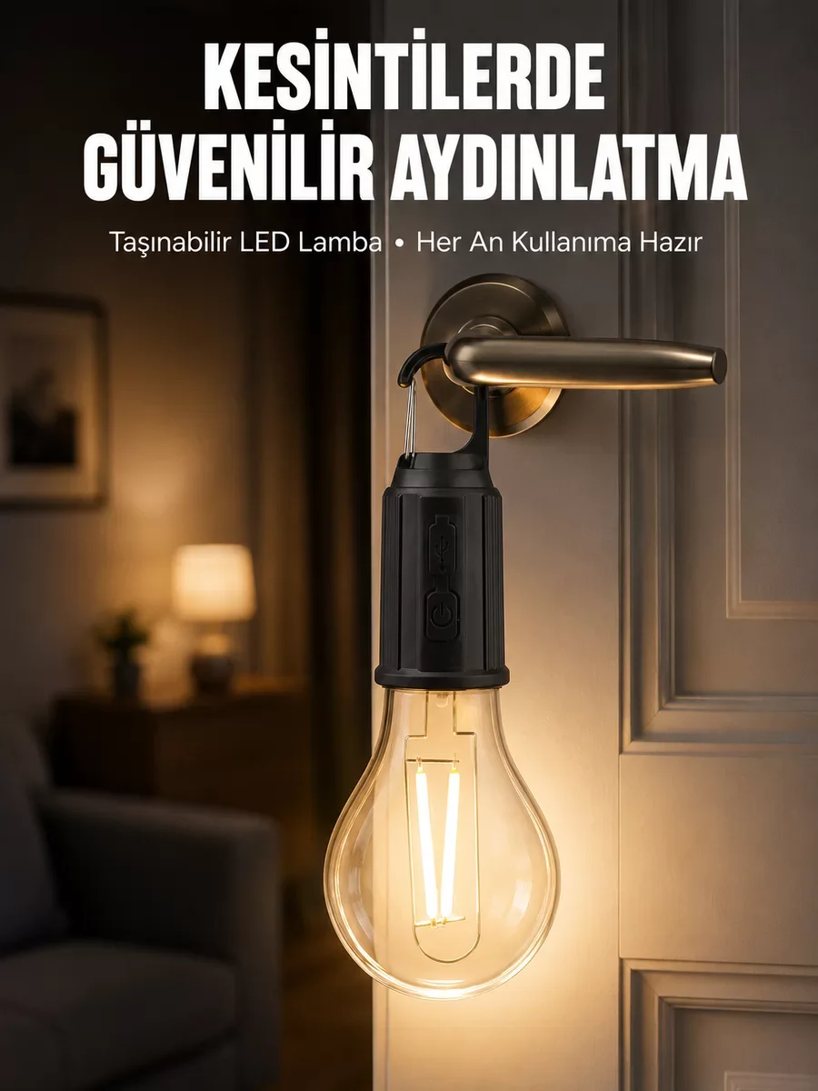 Retro Şarjlı Ampul Tasarımlı Askılı Kamp Lambası - Sıcak Işık ve Pratik Şarj