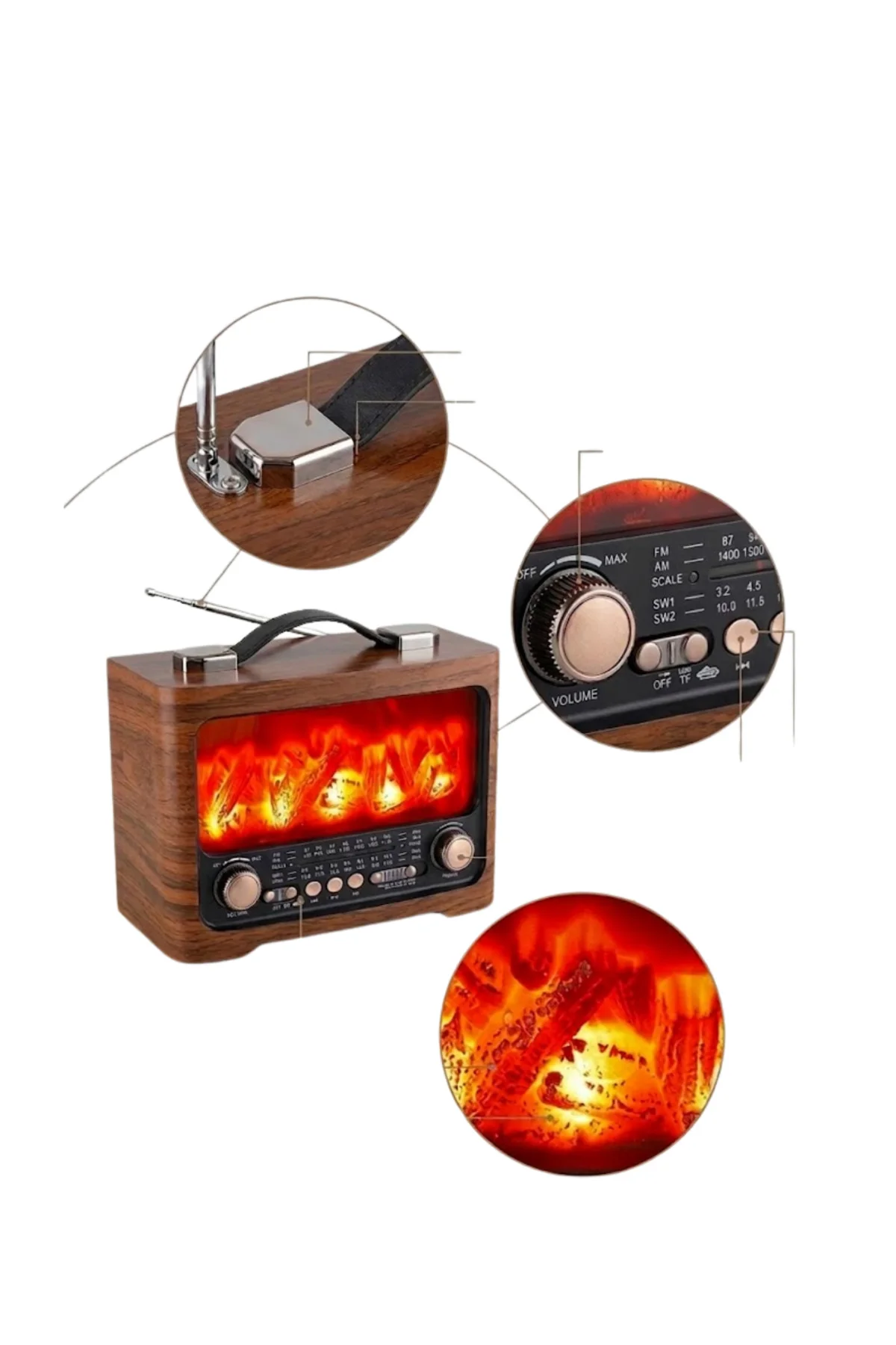 Retro Şömine Tasarımlı Bluetooth Hoparlör FM Radyo USB TF Kart Mü