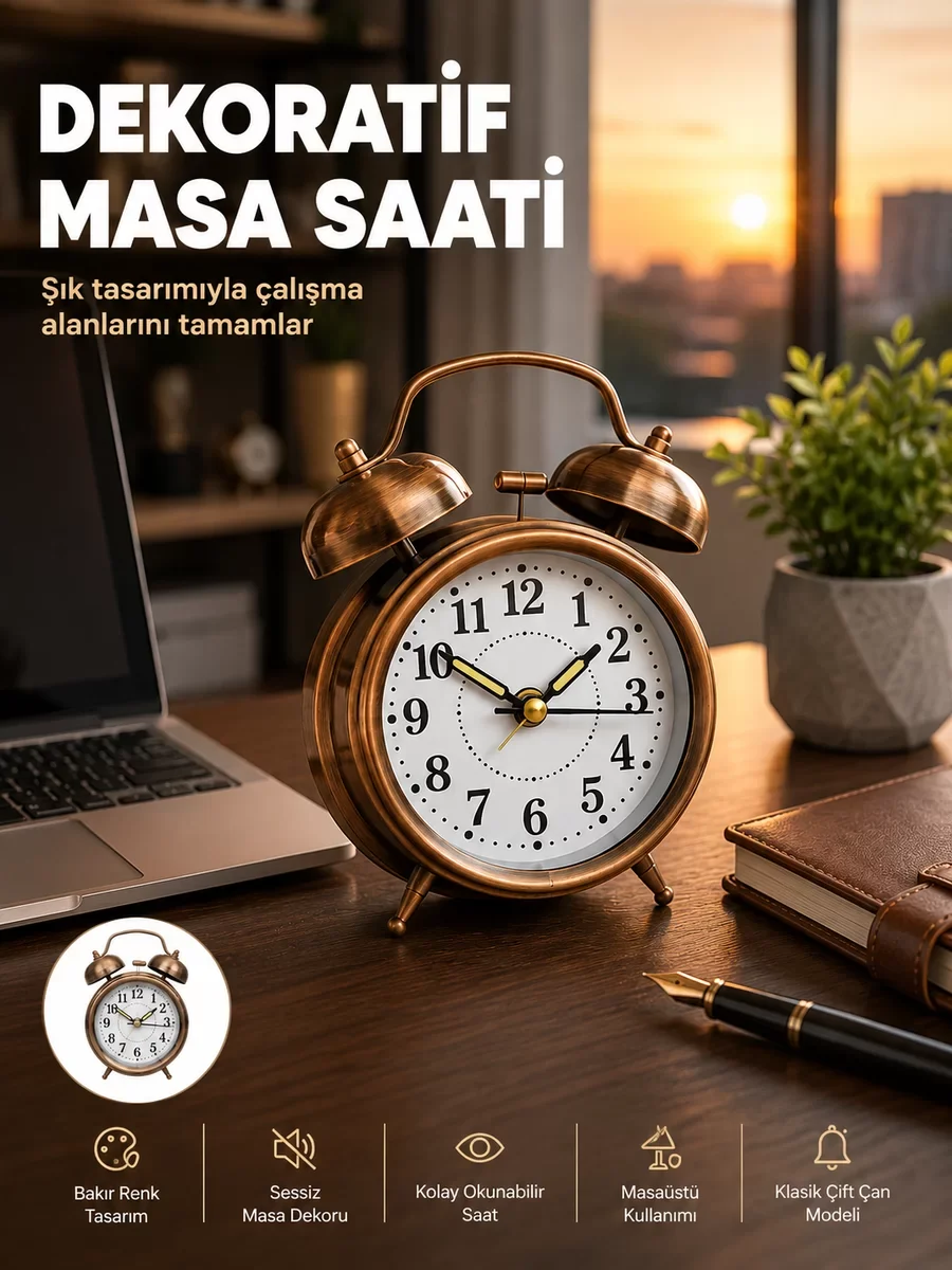 Retro Tarz Bronz Dekoratif Masa Saati Yüksek Sesli Alarm