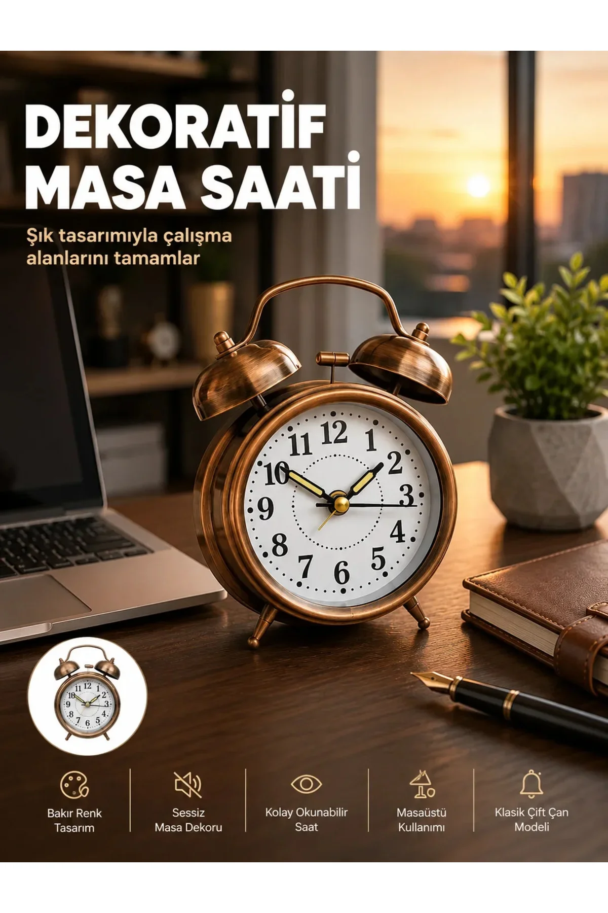 Retro Tarz Bronz Dekoratif Masa Saati Metal Gövde Yüksek Sesli Alarm